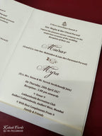 KLB-1072 White Barat Embossed Semi Box Wedding Card (2 Page & Couple Name Wooden Plate)-Kalash Cards