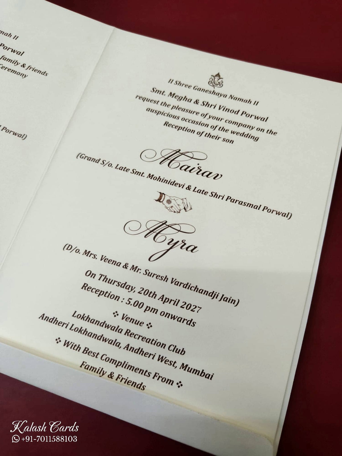 KLB-1072 White Barat Embossed Semi Box Wedding Card (2 Page & Couple Name Wooden Plate)-Kalash Cards