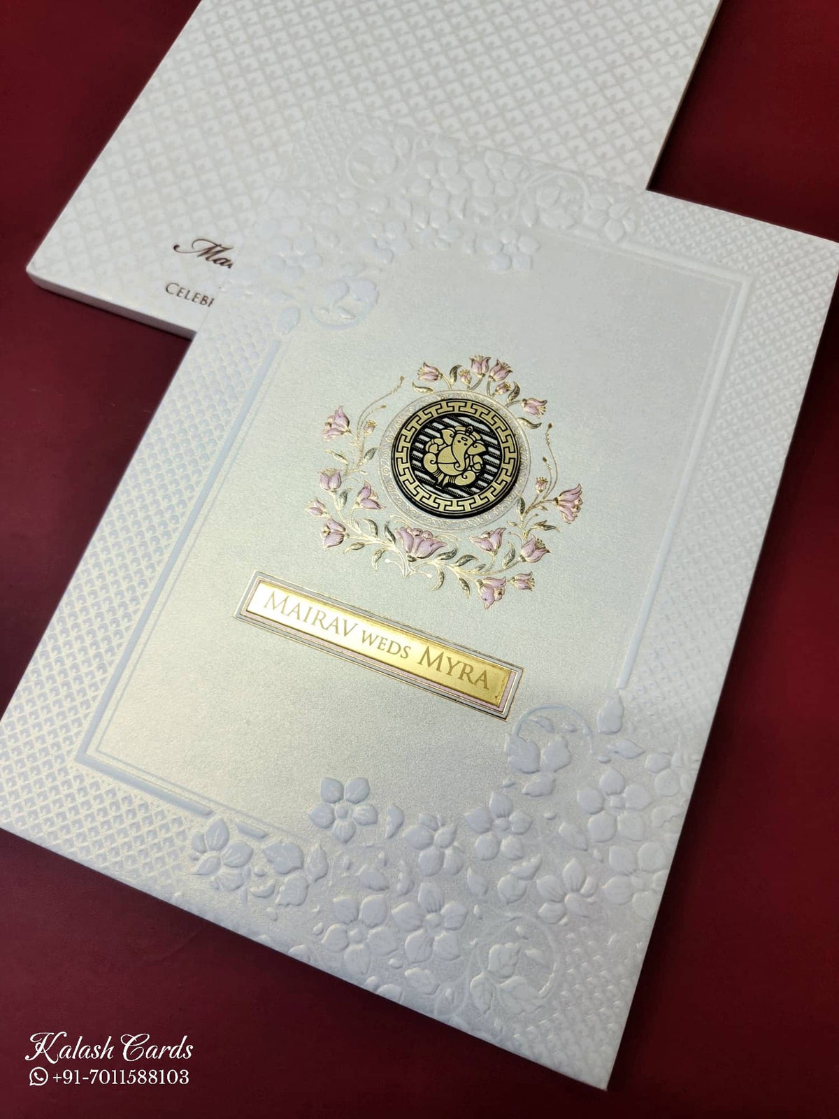 KLB-1073 White Floral Embossed Padded Thick Wedding Card (2 Page & Couple Name Acrylic)-Kalash Cards