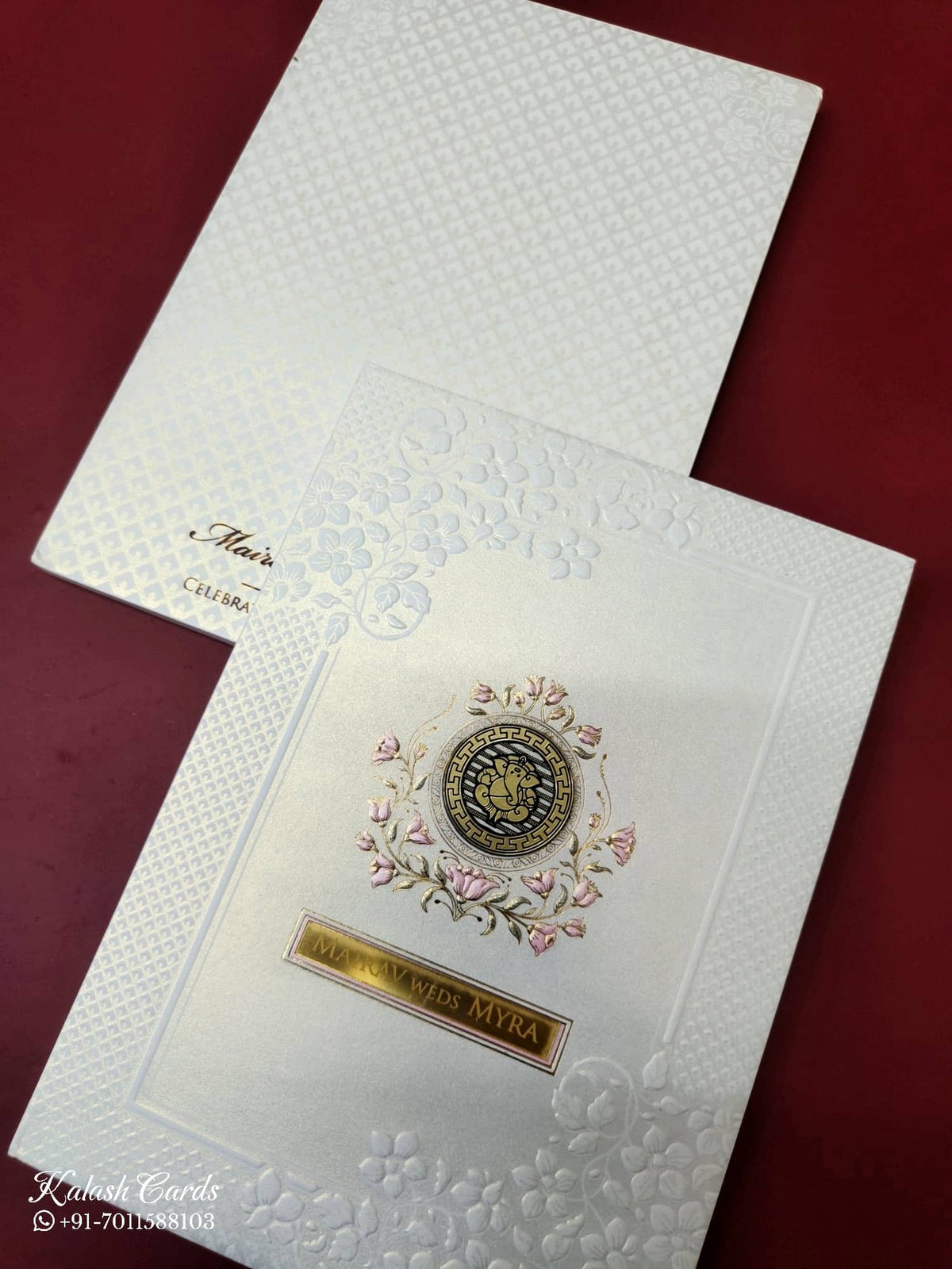 KLB-1073 White Floral Embossed Padded Thick Wedding Card (2 Page & Couple Name Acrylic)-Kalash Cards