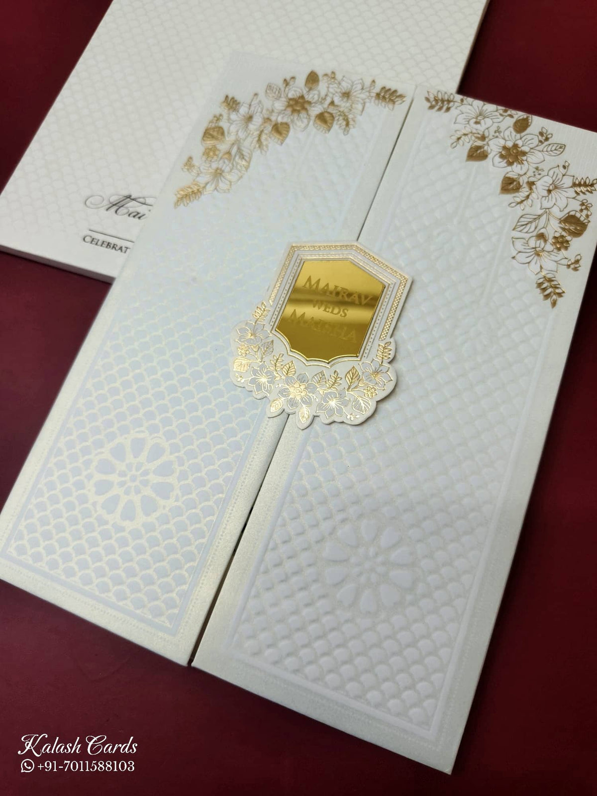KLB-1074 White Floral Door Style Embossed Padded Thick Wedding Card (2 Page & Couple Name Acrylic)-Kalash Cards