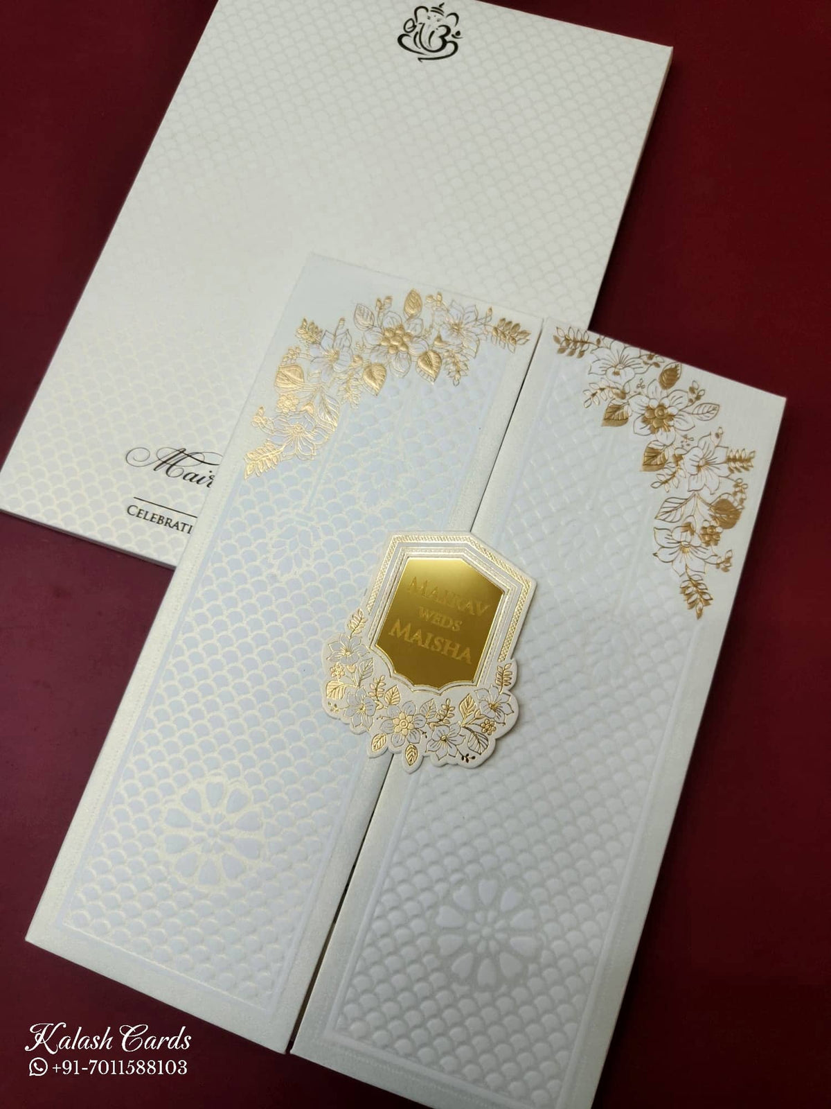 KLB-1074 White Floral Door Style Embossed Padded Thick Wedding Card (2 Page & Couple Name Acrylic)-Kalash Cards