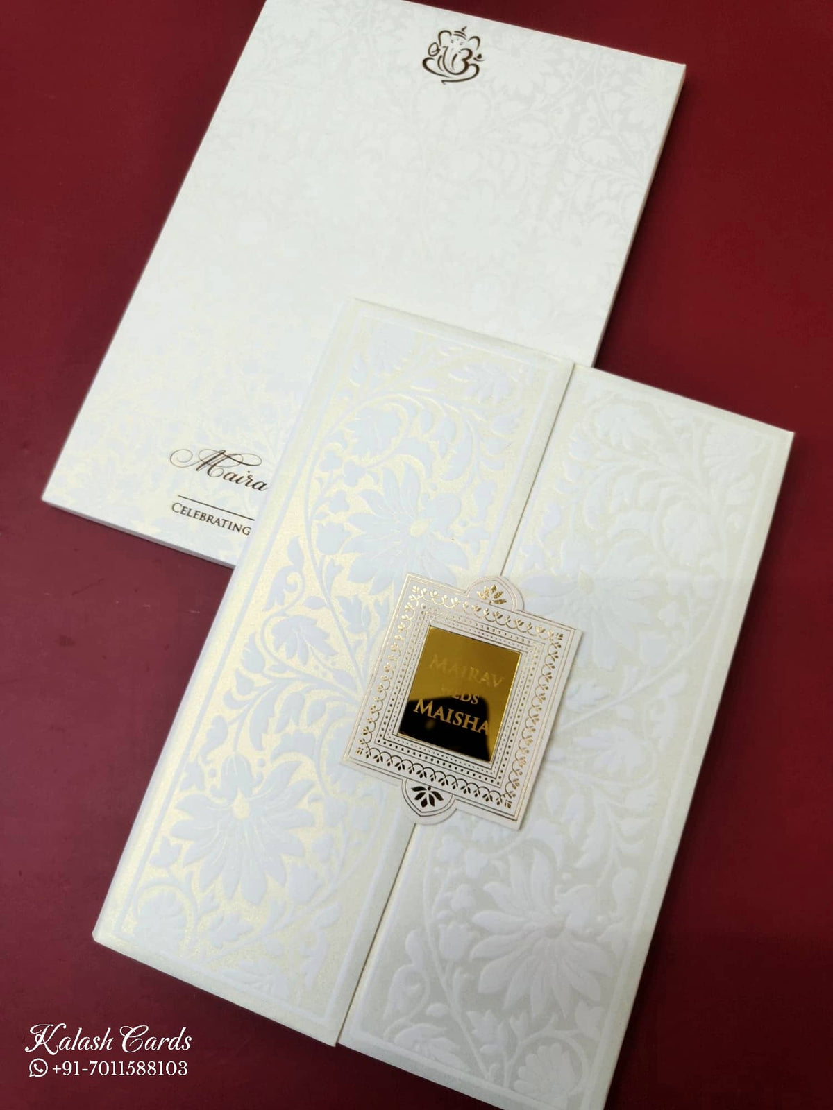 KLB-1075 White Floral Door Style Padded Thick Wedding Card (2 Page & Couple Name Acrylic)-Kalash Cards