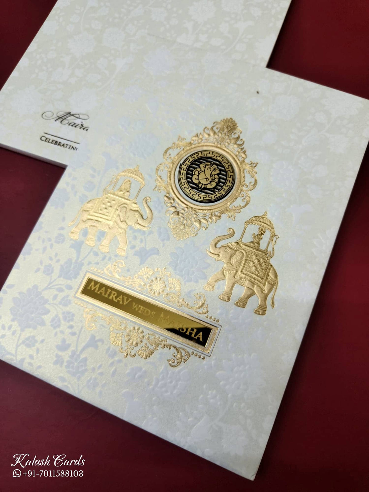 KLB-1076 White Elephant Embossed Padded Thick Wedding Card (2 Page & Couple Name Acrylic)-Kalash Cards