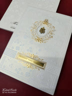 KLB-1077 White Floral Embossed Padded Thick Wedding Card (2 Page & Couple Name Acrylic)-Kalash Cards
