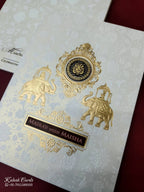 KLB-1078 White Elephant Embossed Semi Box Wedding Card (2 Page & Couple Name Wooden Plate)-Kalash Cards