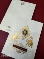 KLB-1078 White Elephant Embossed Semi Box Wedding Card (2 Page & Couple Name Wooden Plate)-Kalash Cards