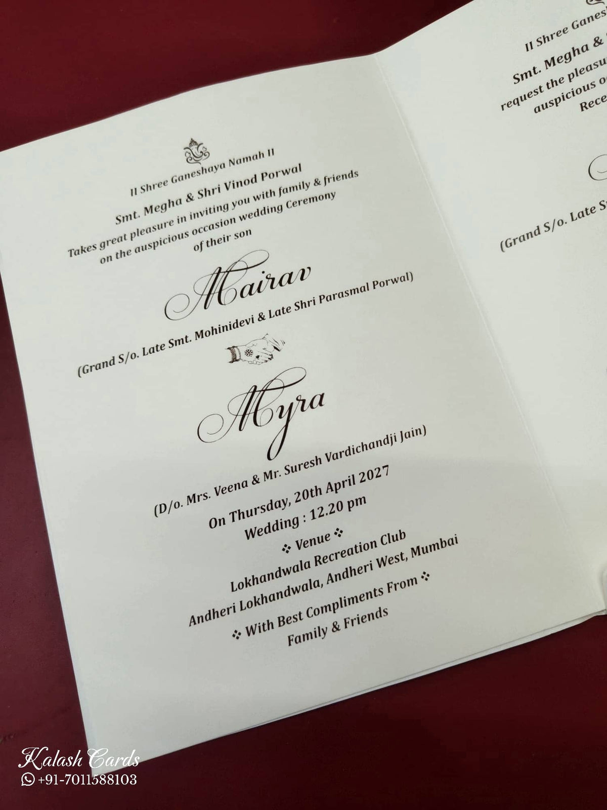 KLB-1078 White Elephant Embossed Semi Box Wedding Card (2 Page & Couple Name Wooden Plate)-Kalash Cards
