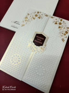 KLB-1079 White Floral Door Style Embossed Semi Box Wedding Card (2 Page & Couple Initial Wooden Plate)-Kalash Cards