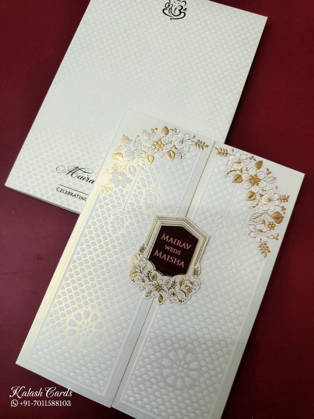 KLB-1079 White Floral Door Style Embossed Semi Box Wedding Card (2 Page & Couple Initial Wooden Plate)-Kalash Cards