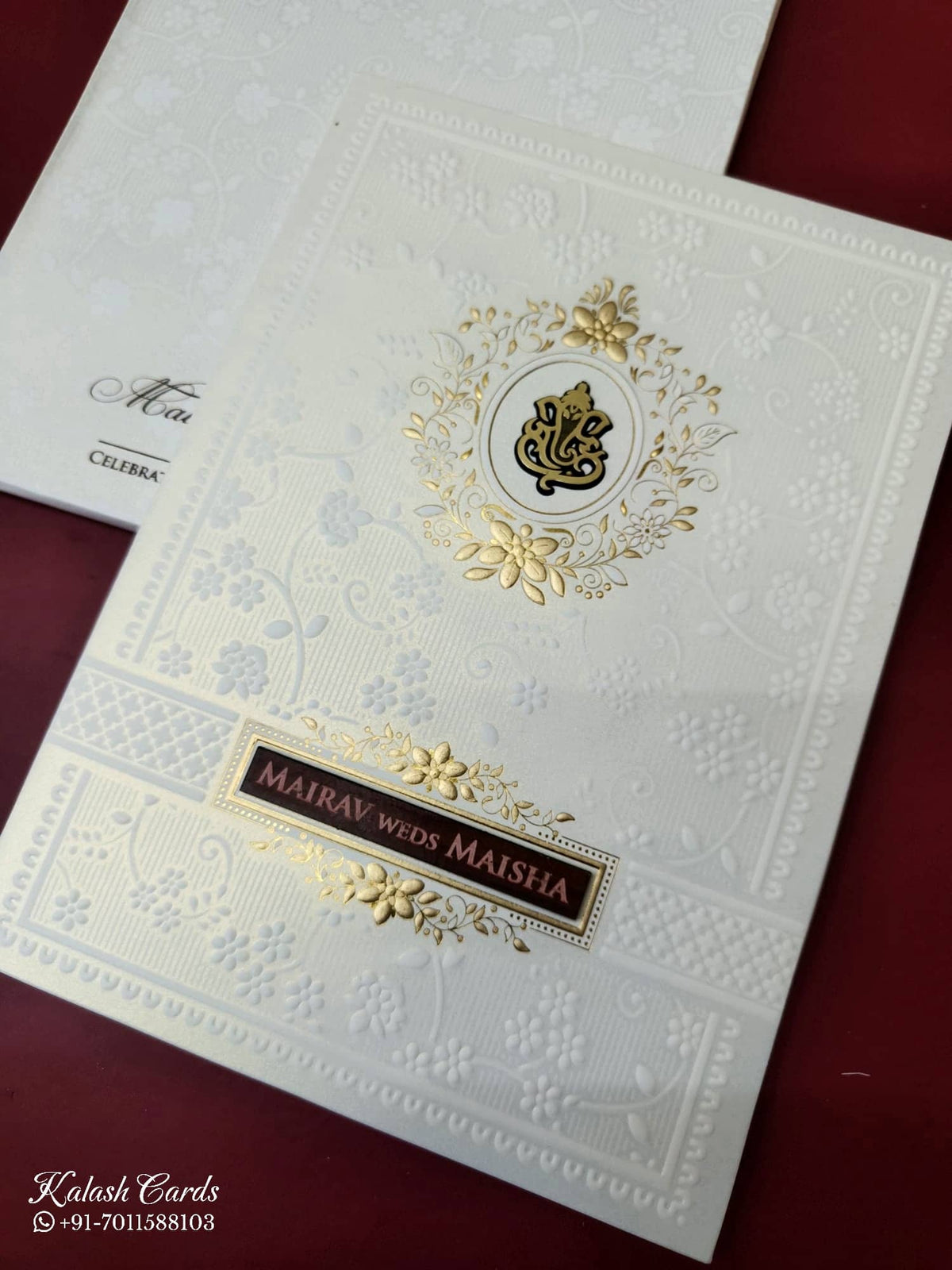 KLB-1080 White Floral Embossed Semi Box Wedding Card (2 Page & Couple Name Wooden Plate)-Kalash Cards