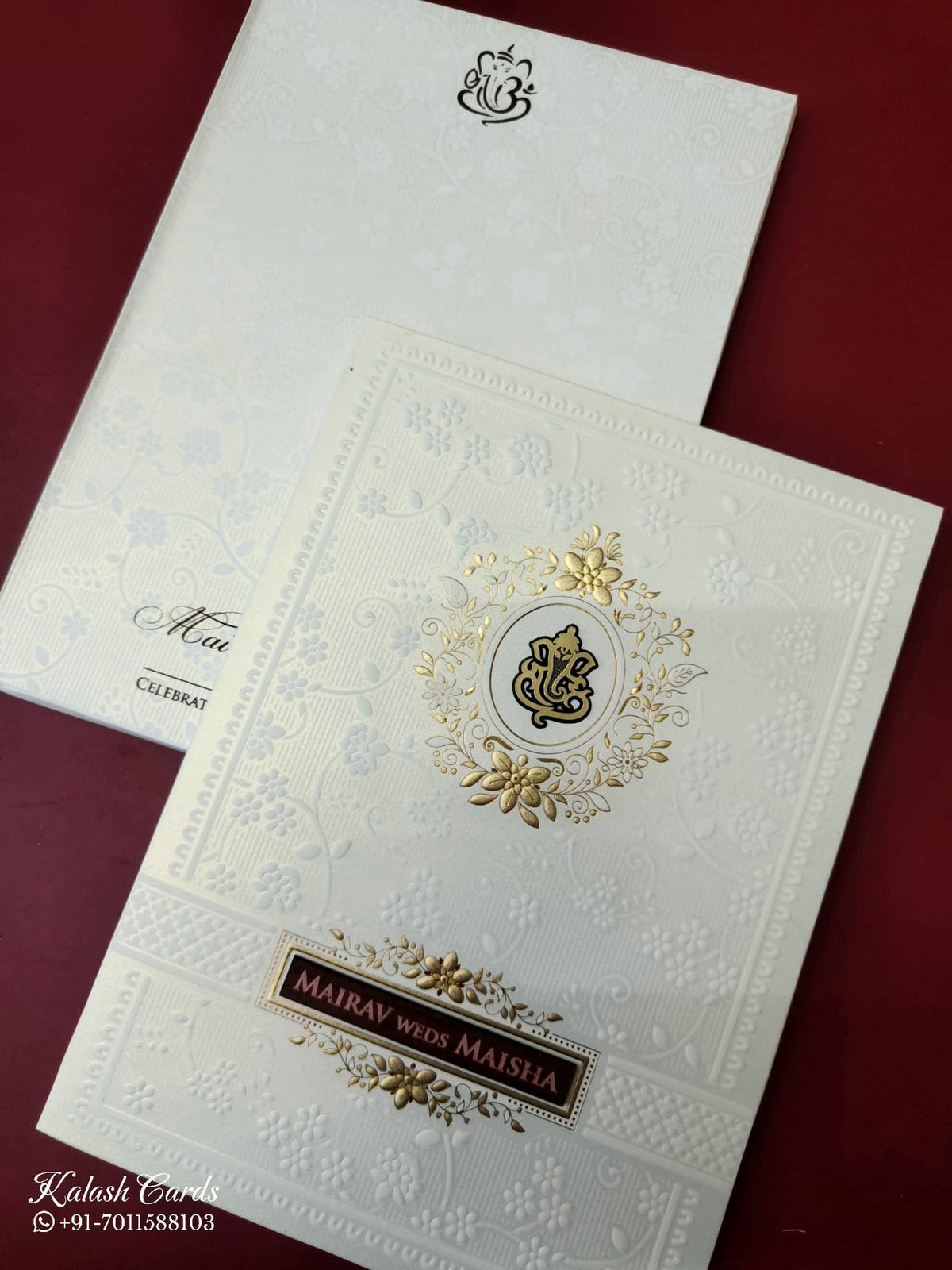 KLB-1080 White Floral Embossed Semi Box Wedding Card (2 Page & Couple Name Wooden Plate)-Kalash Cards