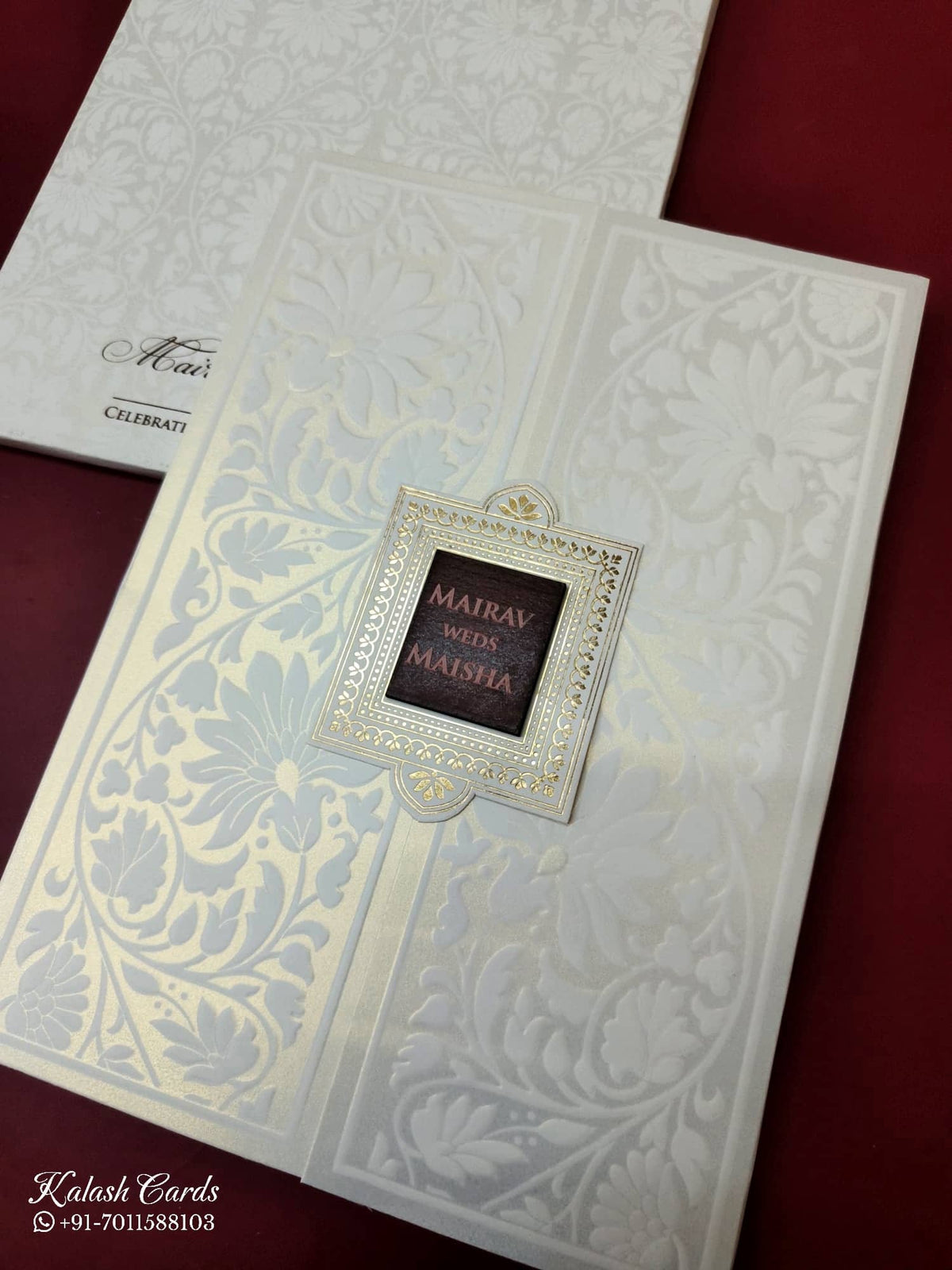 KLB-1081 White Floral Door Style Embossed Semi Box Wedding Card (2 Page & Couple Name Wooden Plate)-Kalash Cards