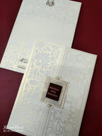 KLB-1081 White Floral Door Style Embossed Semi Box Wedding Card (2 Page & Couple Name Wooden Plate)-Kalash Cards