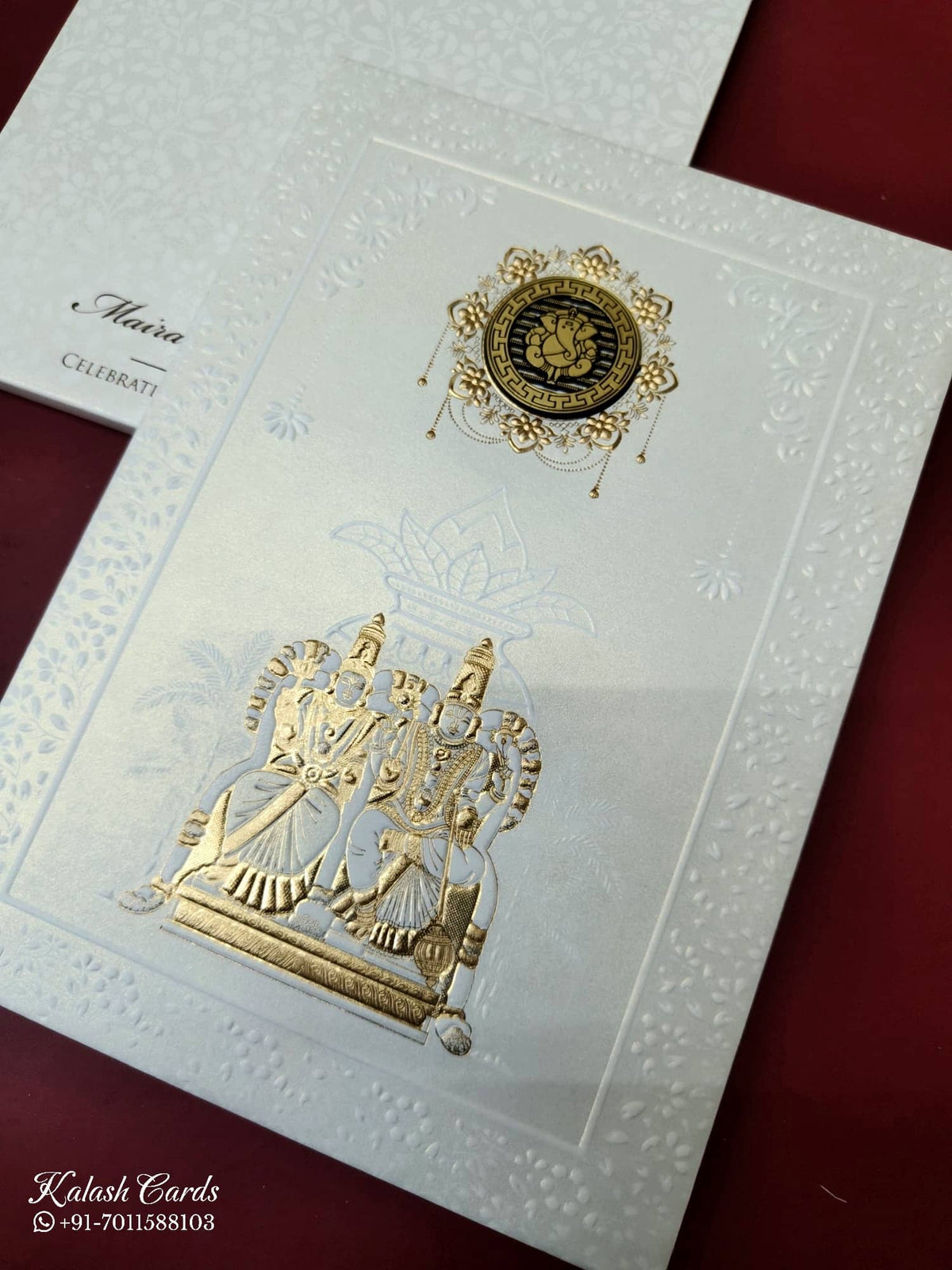KLB-1082 White Ram Sita Embossed Padded Thick Wedding Card (2 Page)-Kalash Cards