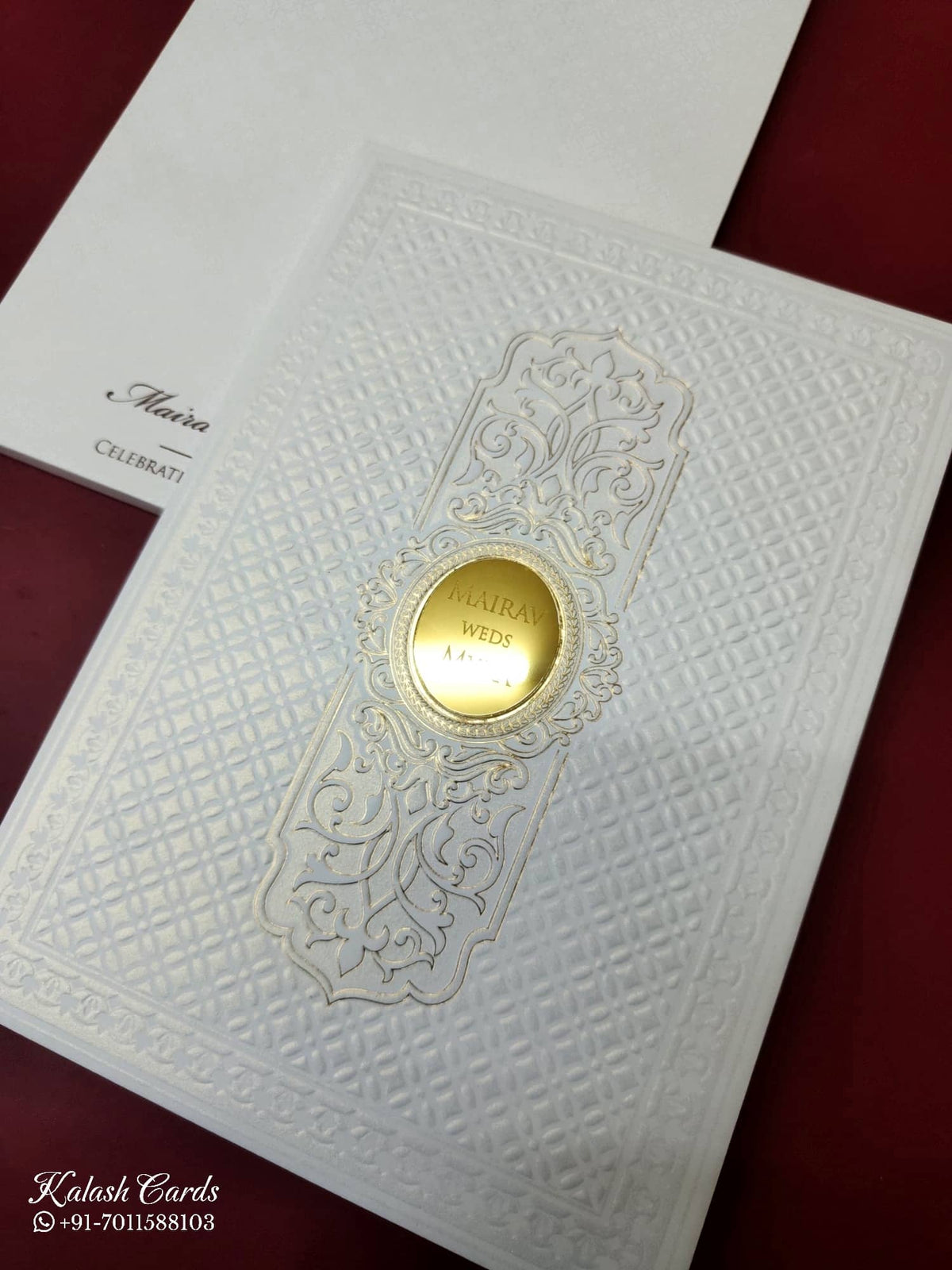 KLB-1083 White Traditional Embossed Padded Thick Wedding Card (2 Page & Couple Name Acrylic)-Kalash Cards