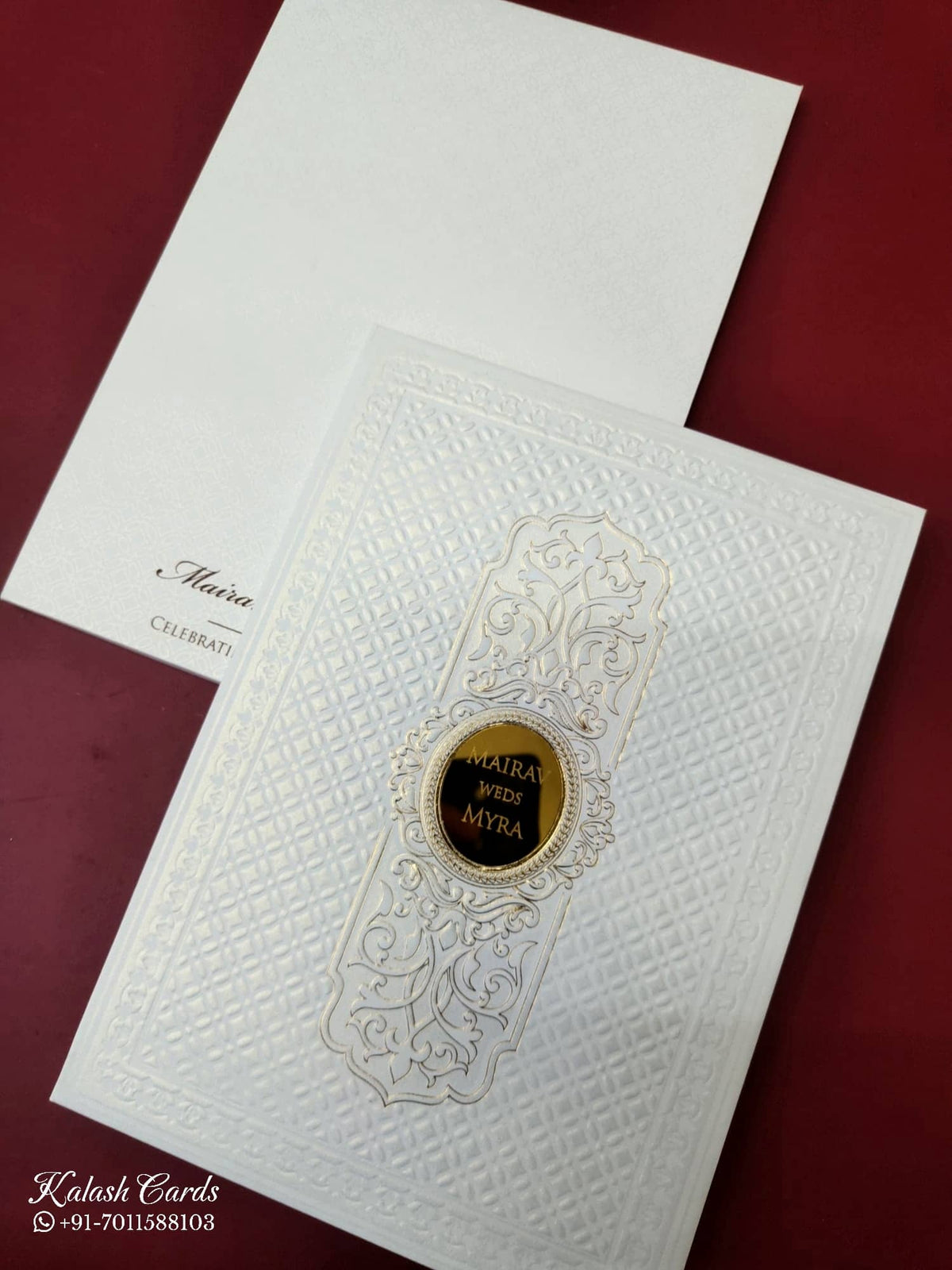 KLB-1083 White Traditional Embossed Padded Thick Wedding Card (2 Page & Couple Name Acrylic)-Kalash Cards