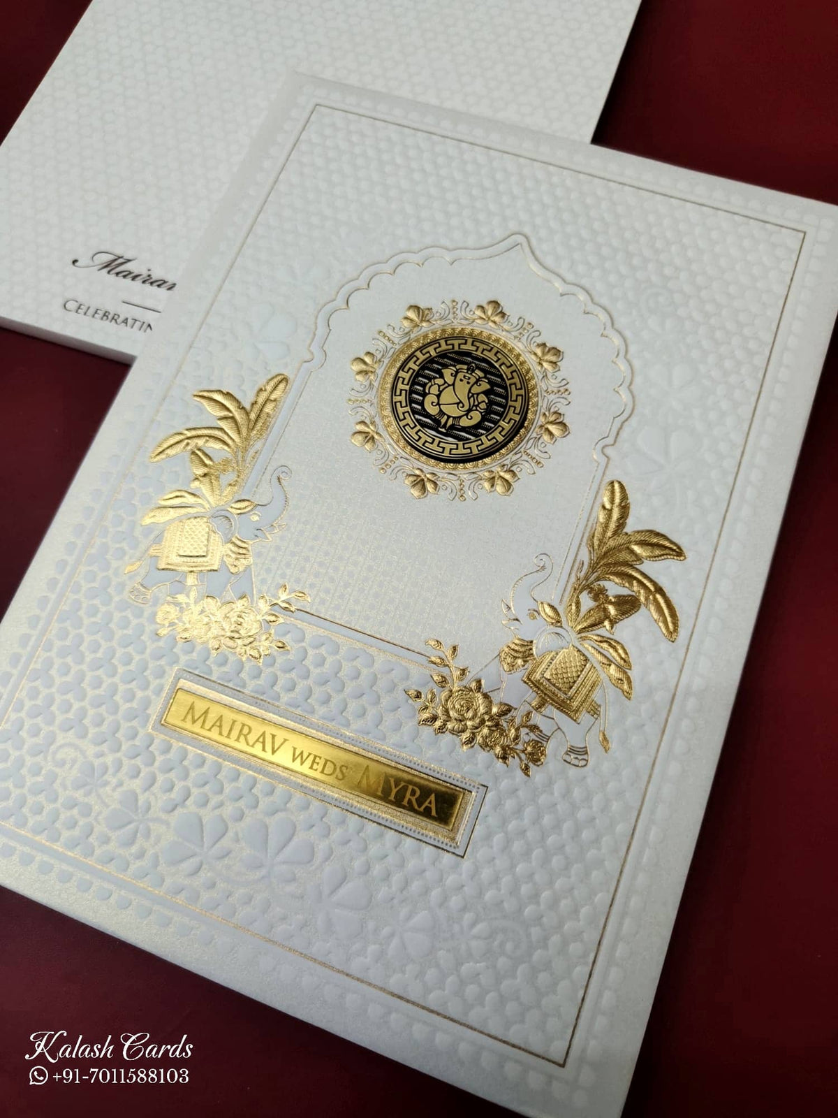 KLB-1084 White Elephant Embossed Padded Thick Wedding Card (2 Page & Couple Name Acrylic)-Kalash Cards