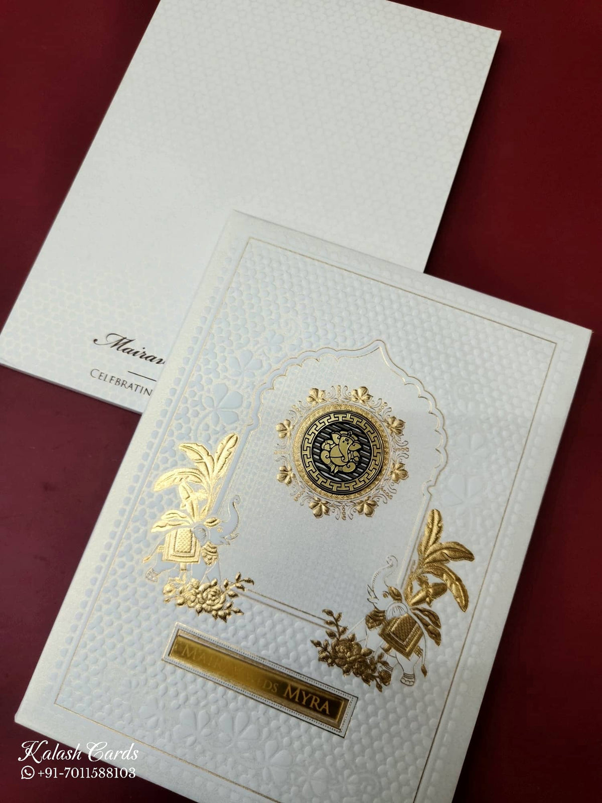 KLB-1084 White Elephant Embossed Padded Thick Wedding Card (2 Page & Couple Name Acrylic)-Kalash Cards