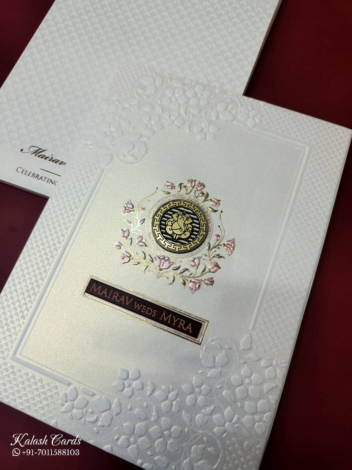 KLB-1085 White Floral Embossed Semi Box Wedding Card (2 Page & Couple Name Wooden Plate)-Kalash Cards