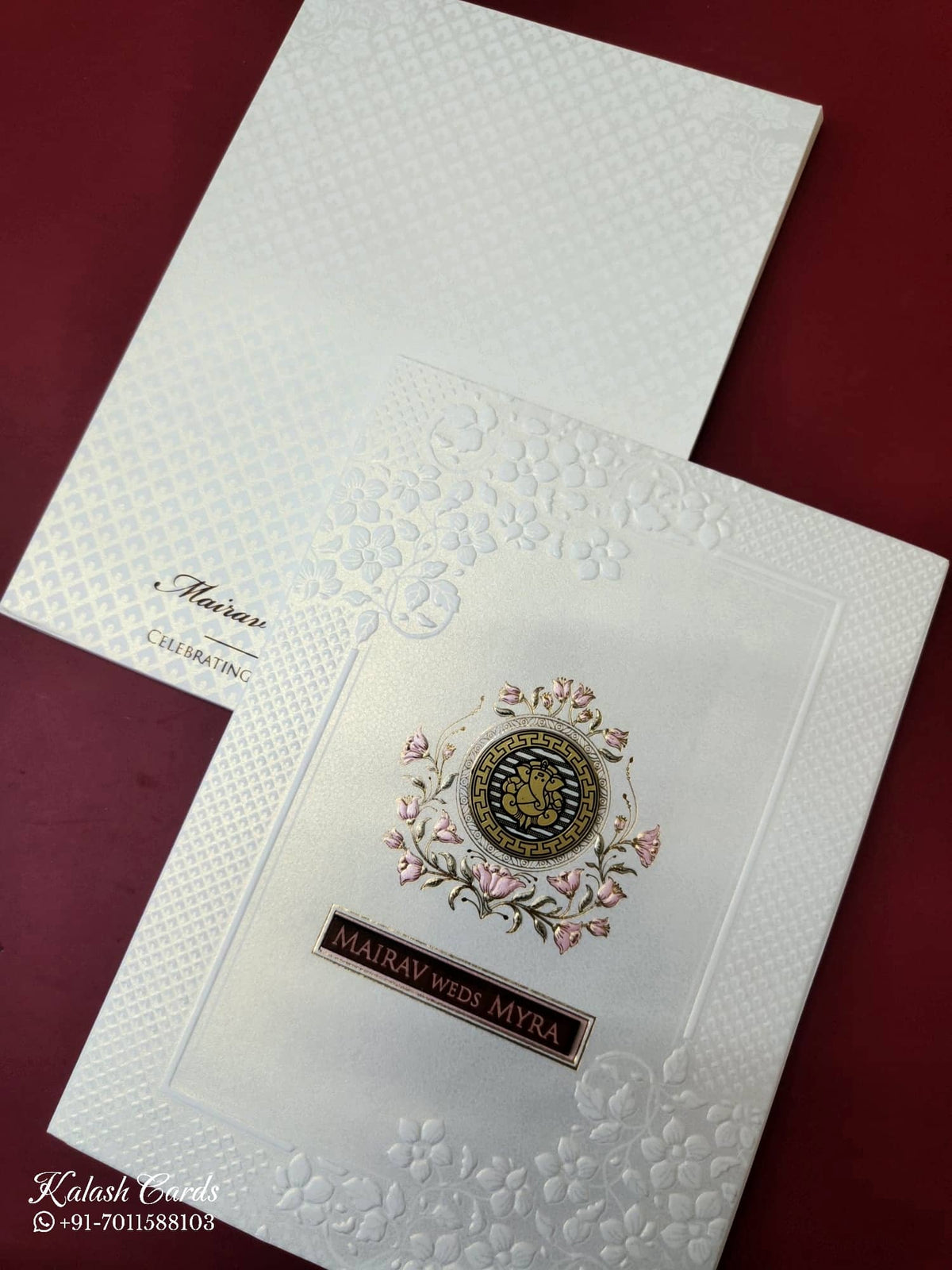 KLB-1085 White Floral Embossed Semi Box Wedding Card (2 Page & Couple Name Wooden Plate)-Kalash Cards