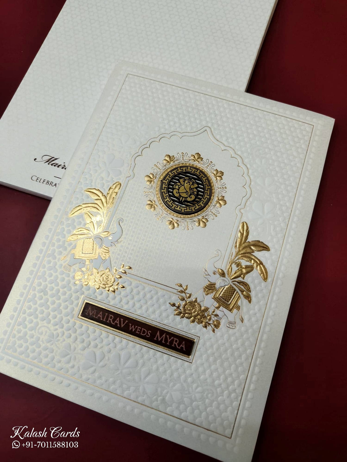 KLB-1086 White Elephant Embossed Semi Box Wedding Card (2 Page & Couple Name Wooden Plate)-Kalash Cards