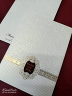 KLB-1087 White Floral Embossed Semi Box Wedding Card (2 Page & Couple Name Wooden Plate)-Kalash Cards