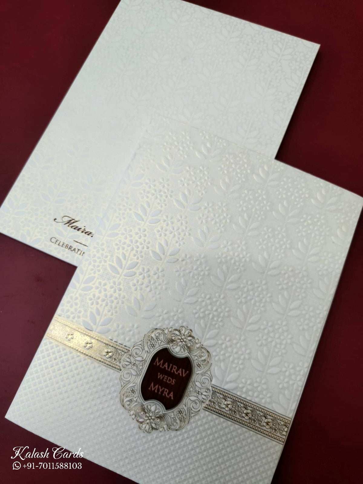 KLB-1087 White Floral Embossed Semi Box Wedding Card (2 Page & Couple Name Wooden Plate)-Kalash Cards