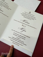 KLB-1087 White Floral Embossed Semi Box Wedding Card (2 Page & Couple Name Wooden Plate)-Kalash Cards
