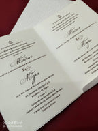 KLB-1087 White Floral Embossed Semi Box Wedding Card (2 Page & Couple Name Wooden Plate)-Kalash Cards