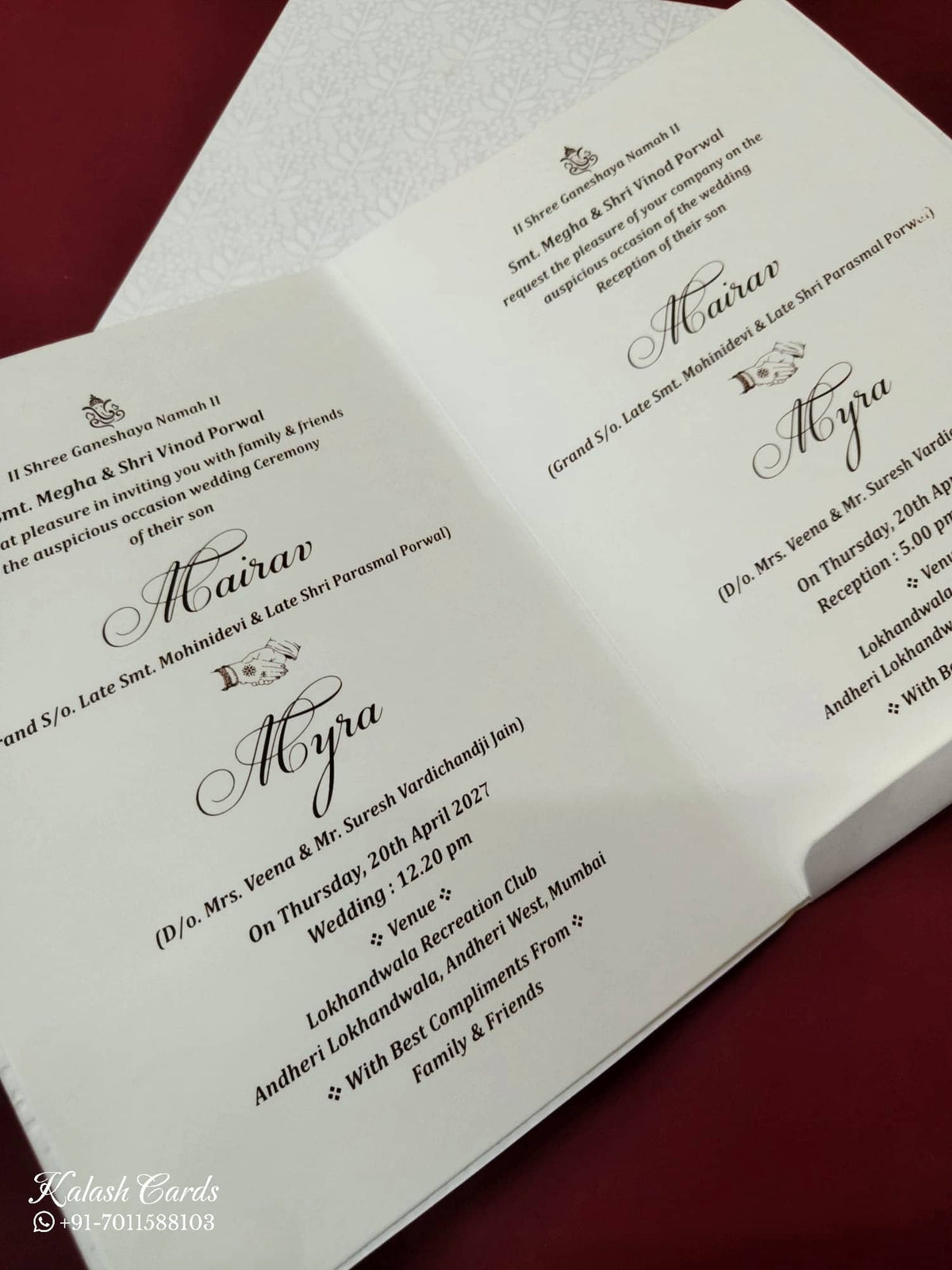 KLB-1087 White Floral Embossed Semi Box Wedding Card (2 Page & Couple Name Wooden Plate)-Kalash Cards