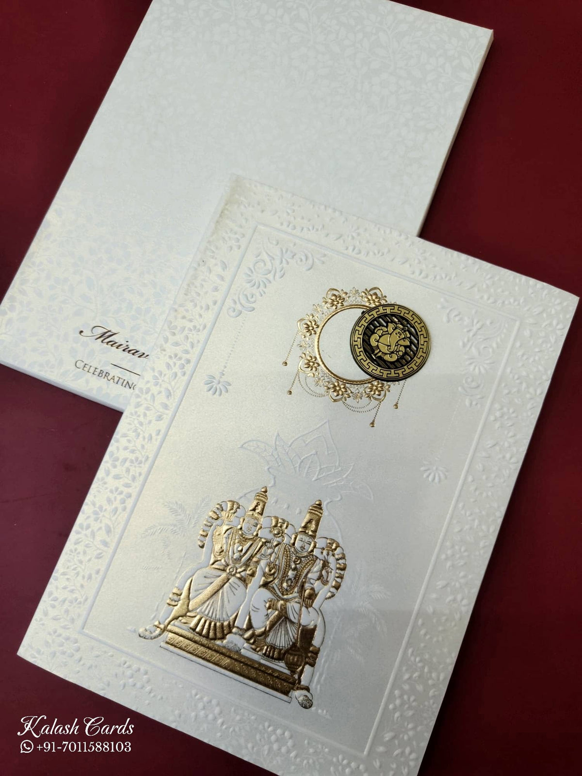 KLB-1088 White Ram Sita Embossed Semi Box Wedding Card (2 Page)-Kalash Cards