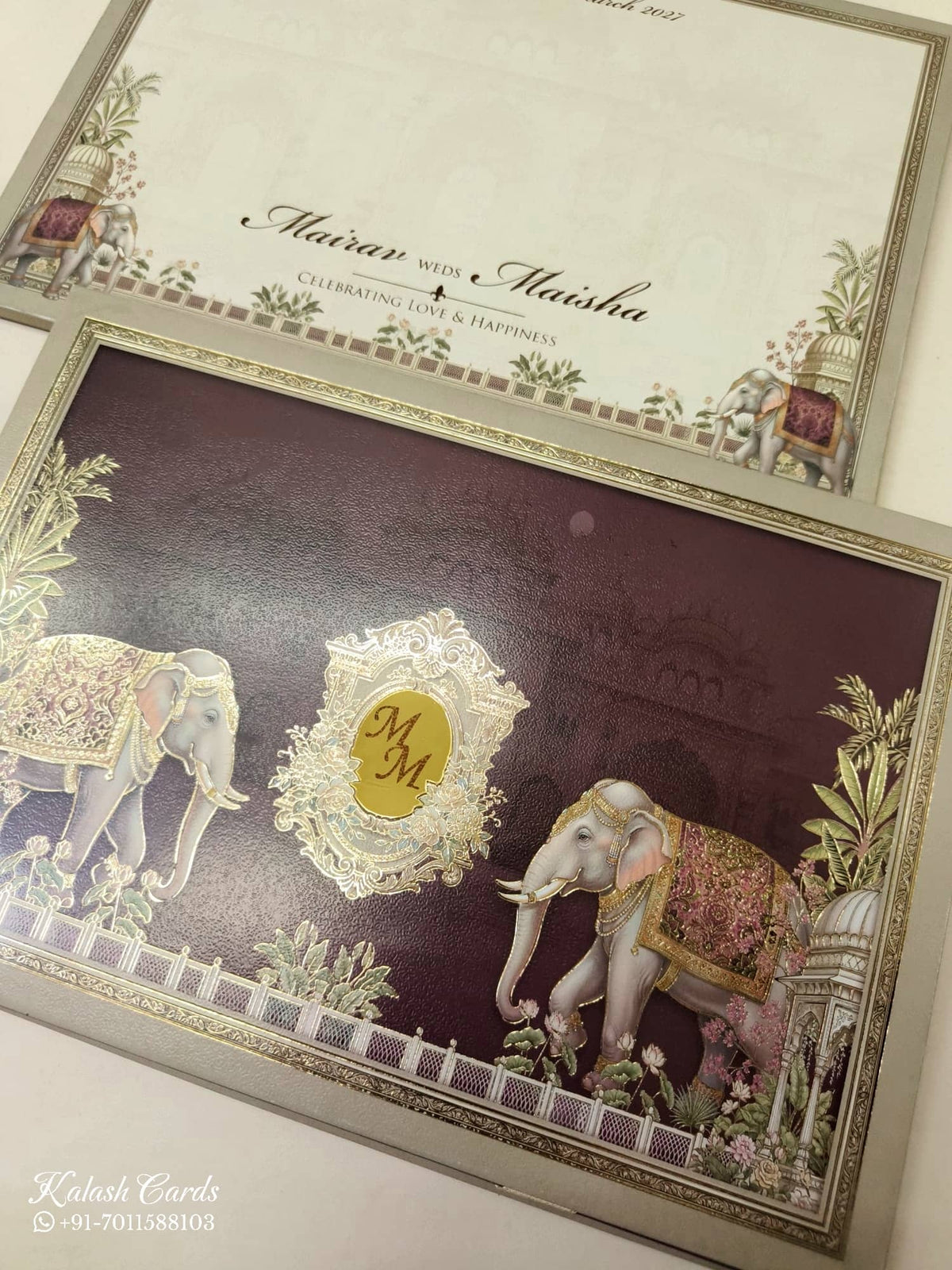 KLB-1089 Creme Maroon Elephant Padded Thick Wedding Card (2 Page & Couple Initial Acrylic)-Kalash Cards