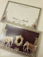 KLB-1089 Creme Maroon Elephant Padded Thick Wedding Card (2 Page & Couple Initial Acrylic)-Kalash Cards