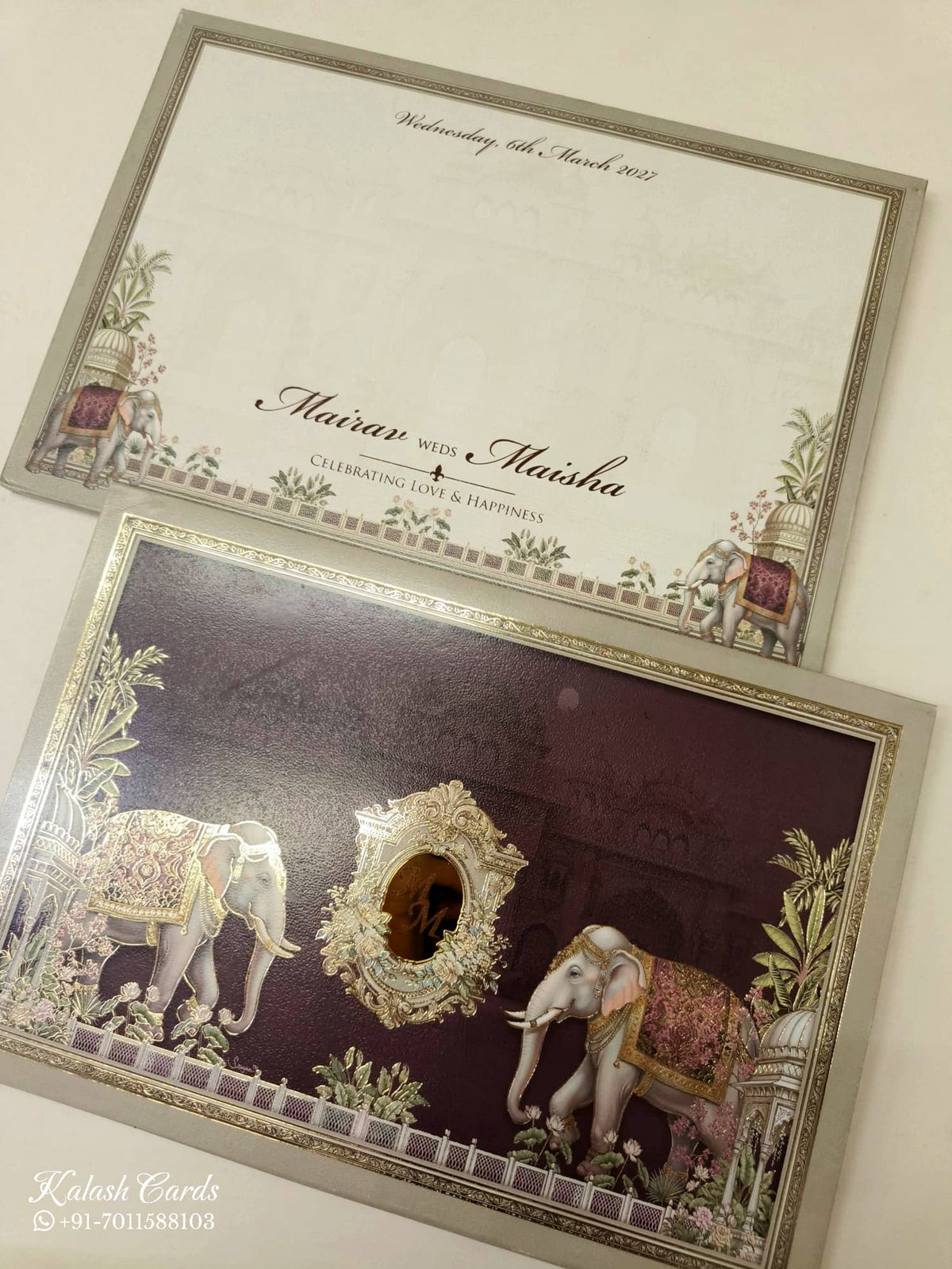 KLB-1089 Creme Maroon Elephant Padded Thick Wedding Card (2 Page & Couple Initial Acrylic)-Kalash Cards