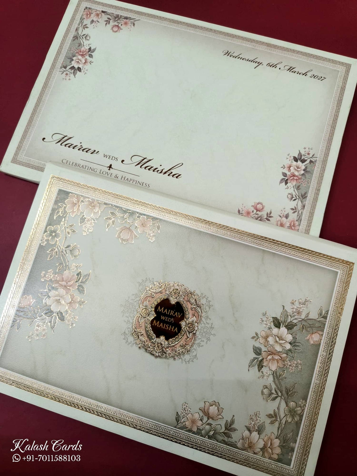 KLB-1090 Green Floral Padded Thick Wedding Card (2 Page & Couple Name Acrylic)-Kalash Cards