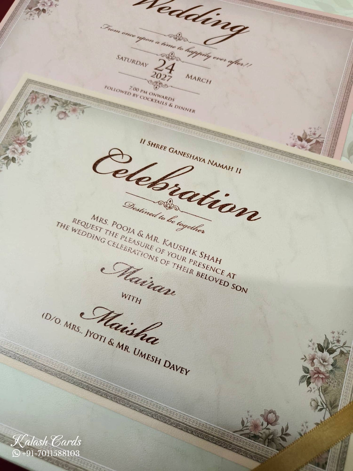 KLB-1090 Green Floral Padded Thick Wedding Card (2 Page & Couple Name Acrylic)-Kalash Cards