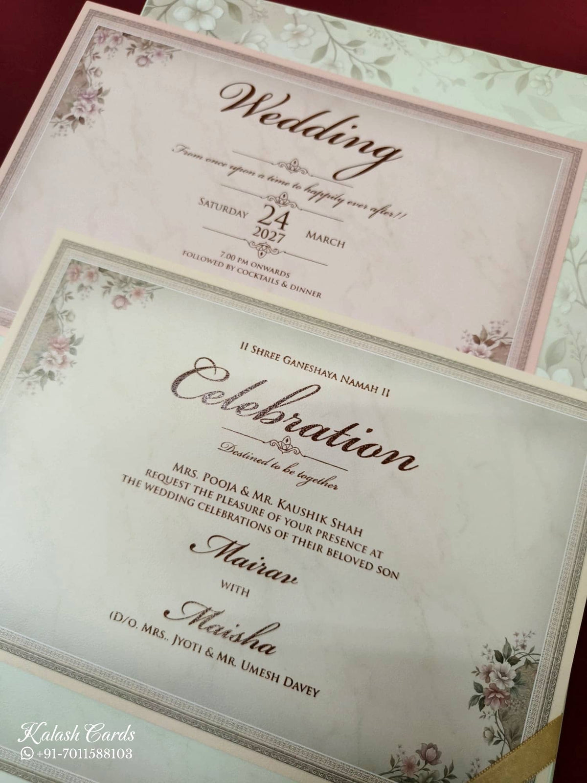 KLB-1090 Green Floral Padded Thick Wedding Card (2 Page & Couple Name Acrylic)-Kalash Cards