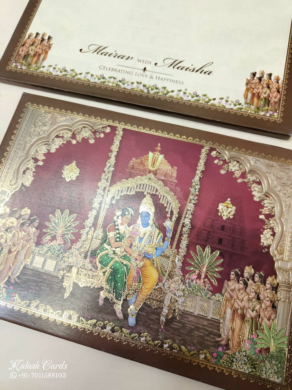 KLB-1091 Maroon Vishnu Lakshmi Padded Thick Wedding Card (2 Page)-Kalash Cards