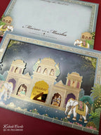 KLB-1092 Blue Royal Fort Elephant Laser Cut Padded Thick Wedding Card (2 Page & Couple Name Acrylic)-Kalash Cards