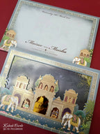 KLB-1092 Blue Royal Fort Elephant Laser Cut Padded Thick Wedding Card (2 Page & Couple Name Acrylic)-Kalash Cards