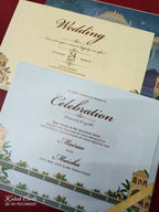 KLB-1092 Blue Royal Fort Elephant Laser Cut Padded Thick Wedding Card (2 Page & Couple Name Acrylic)-Kalash Cards