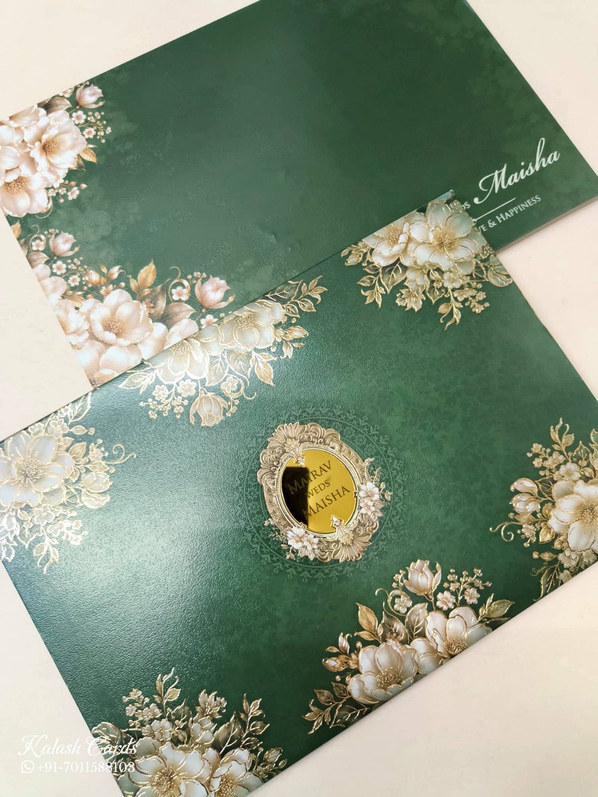 KLB-1093 Green Floral Padded Thick Wedding Card (2 Page & Couple Name Acrylic)-Kalash Cards