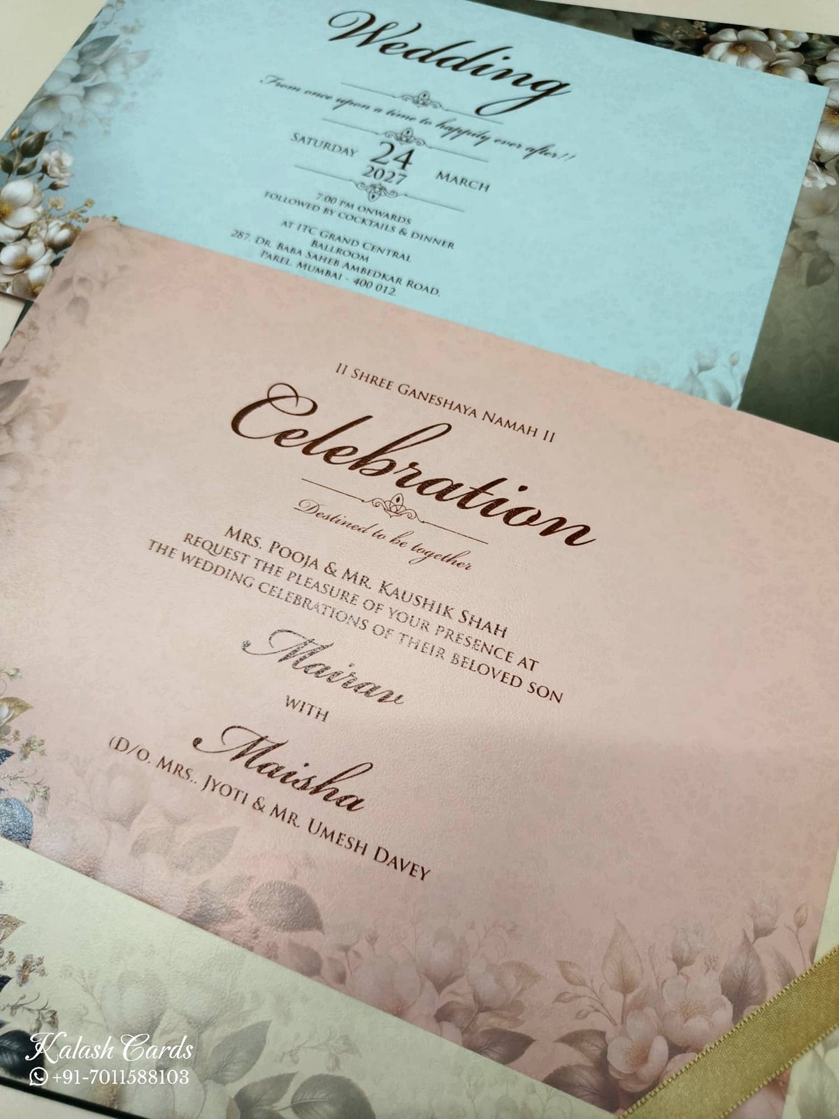 KLB-1093 Green Floral Padded Thick Wedding Card (2 Page & Couple Name Acrylic)-Kalash Cards