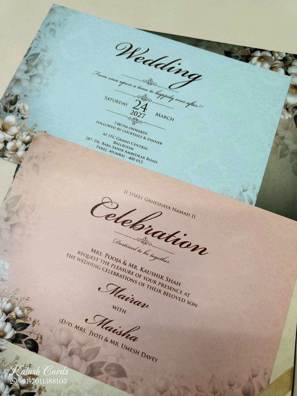 KLB-1093 Green Floral Padded Thick Wedding Card (2 Page & Couple Name Acrylic)-Kalash Cards