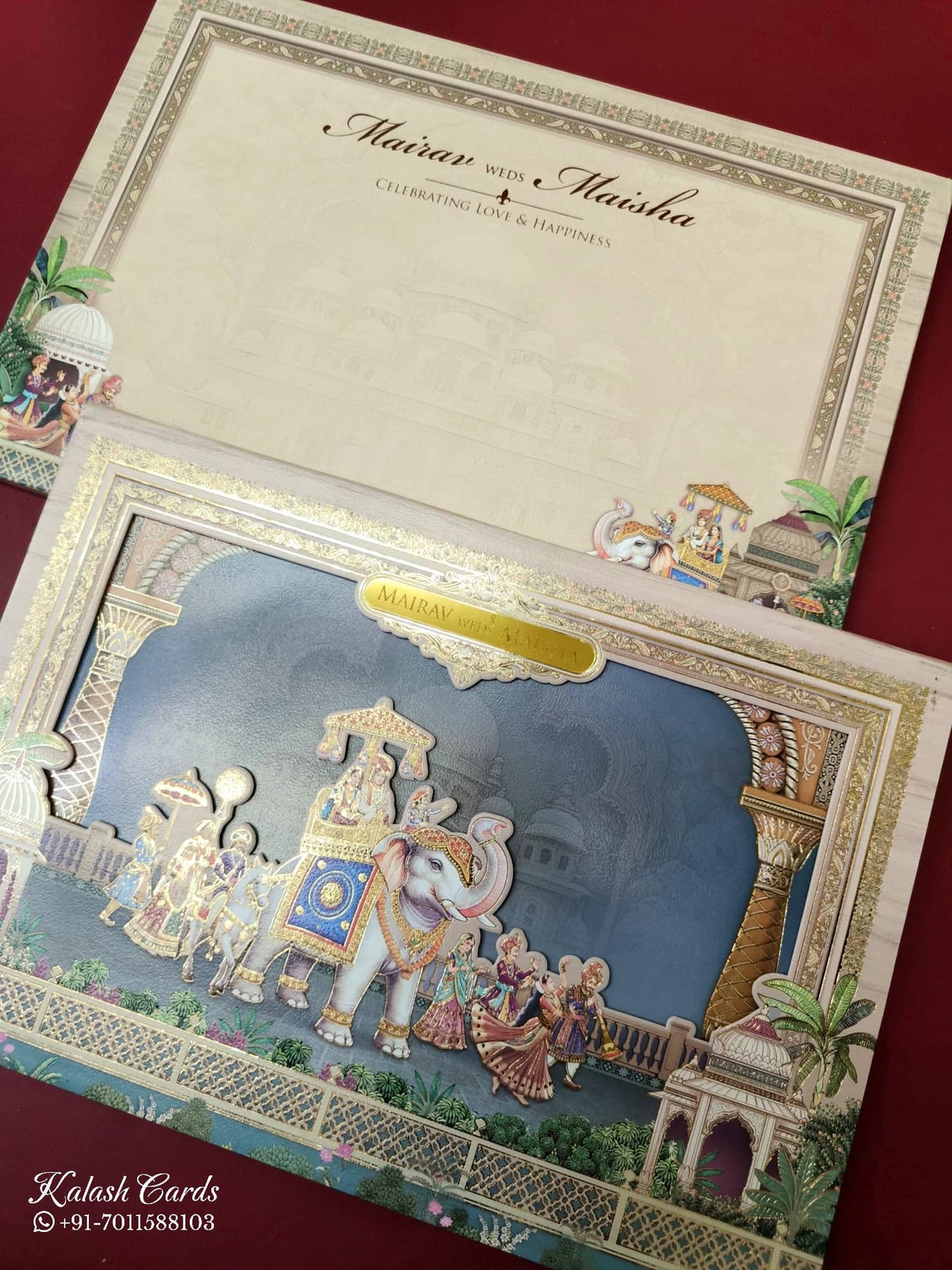 KLB-1094 Creme Blue Barat Laser Cut Padded Thick Wedding Card (2 Page & Couple Name Acrylic)-Kalash Cards