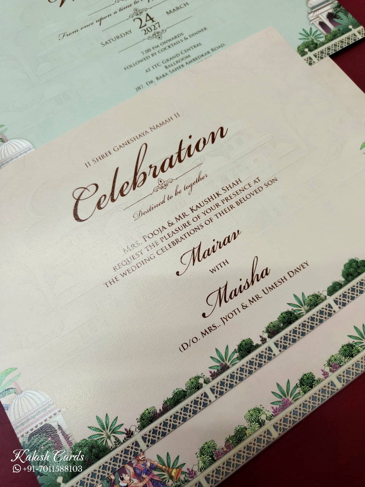 KLB-1094 Creme Blue Barat Laser Cut Padded Thick Wedding Card (2 Page & Couple Name Acrylic)-Kalash Cards