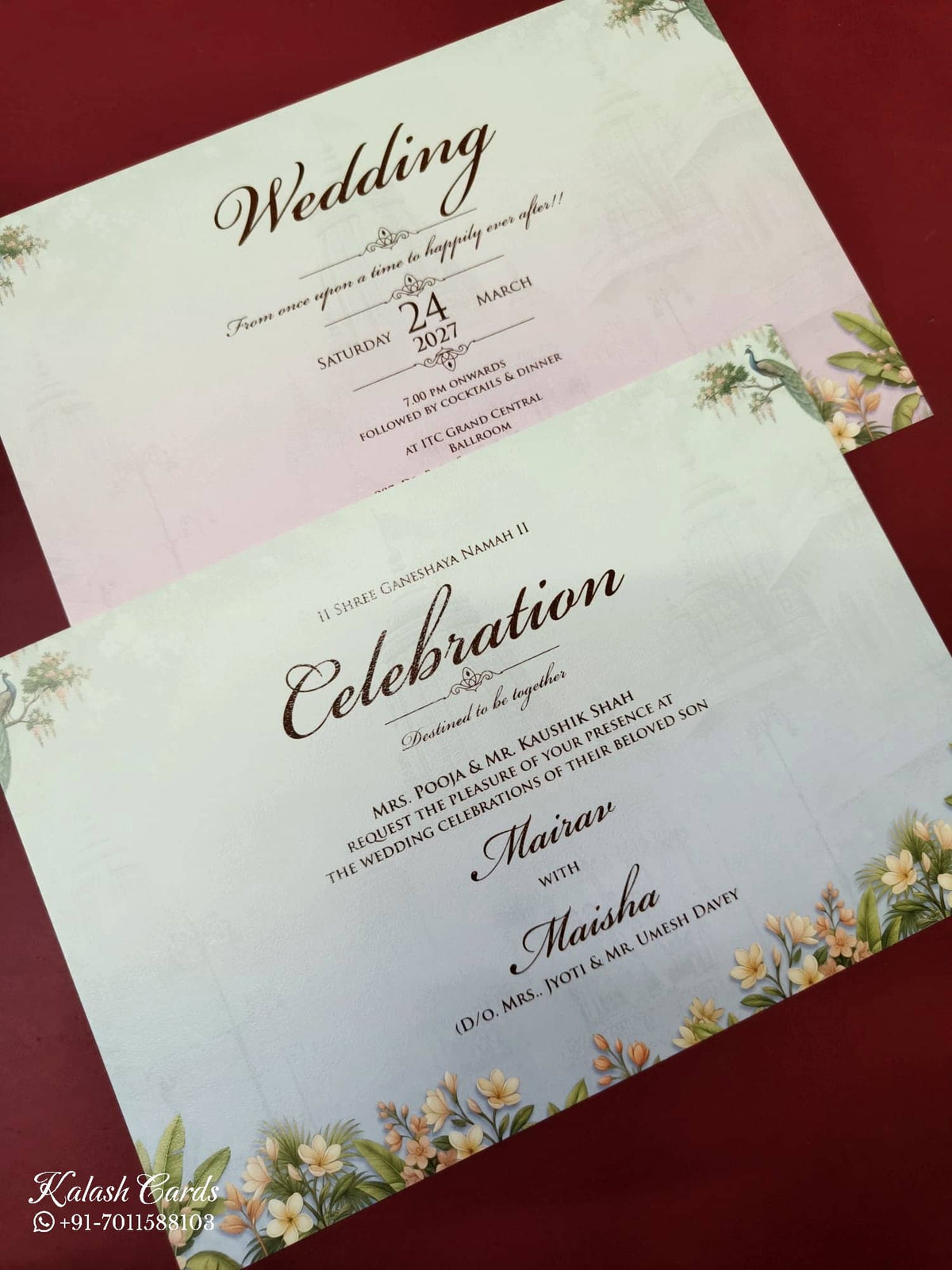 KLB-1096 Blue Elephant Barat Padded Thick Wedding Card (2 Page & Couple Name Acrylic)-Kalash Cards