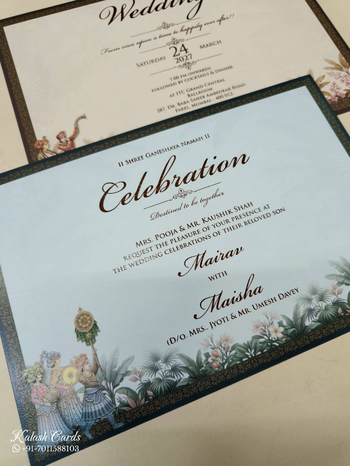 KLB-1097 Green Elephant Padded Thick Wedding Card (2 Page & Couple Name Acrylic)-Kalash Cards