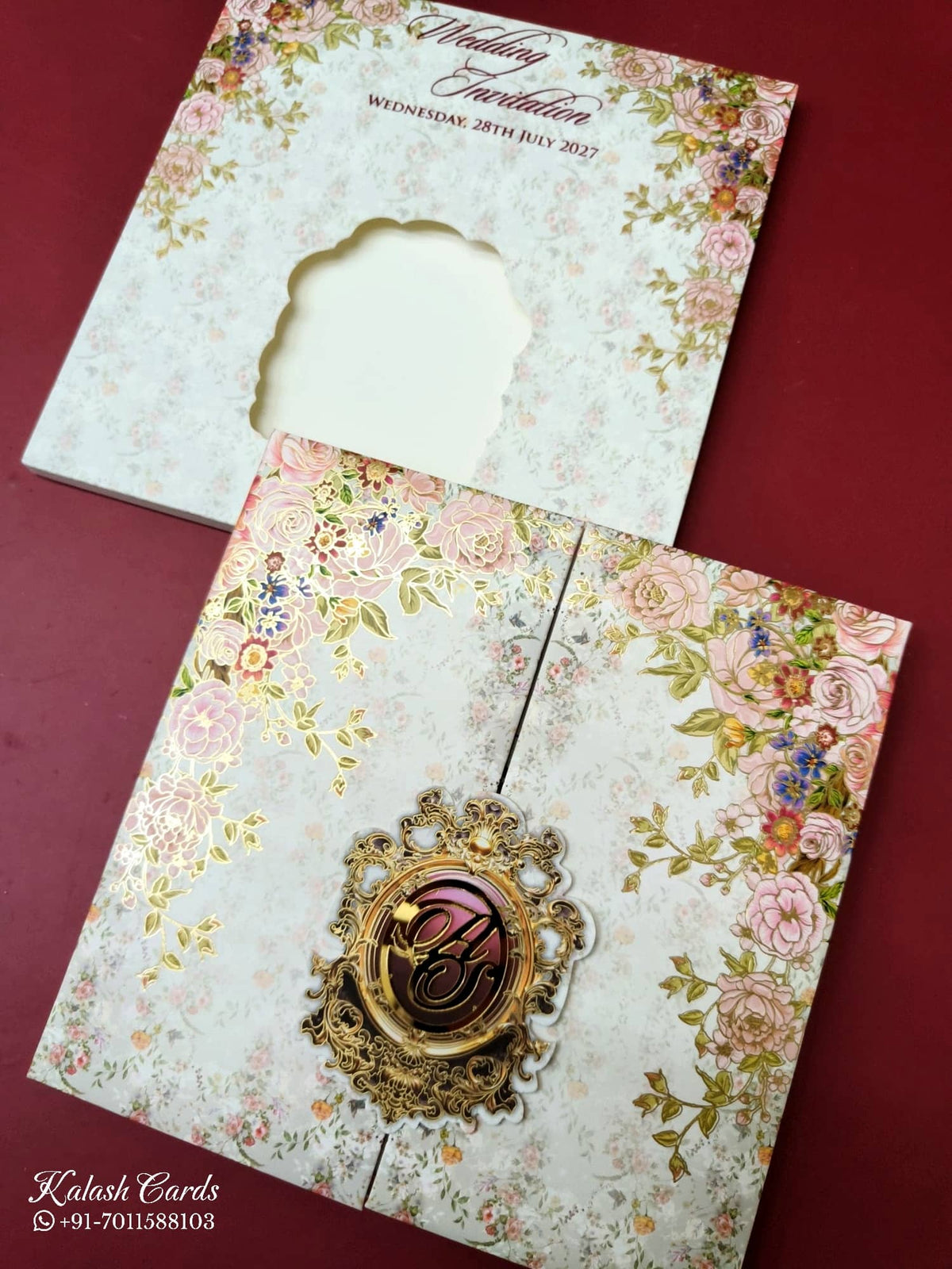 KLB-1105 White Floral Door Style Padded Thick Wedding Card (2 Page & Couple Initial Acrylic)